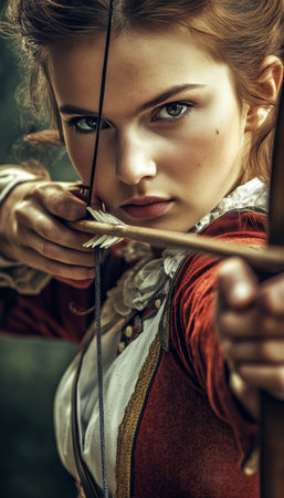 Young Woman Archer With Focused Gaze, Holds Bowstring Drawn, Aiming at Target. Determination, Skillの素材