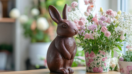 Chocolate Easter Bunny and Spring Flowers Festive Decoration for the Spring Holiday Season.の素材