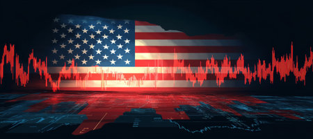 American Flag with Financial Market Data Overlay Visualization. Stock Market, Tradingの素材