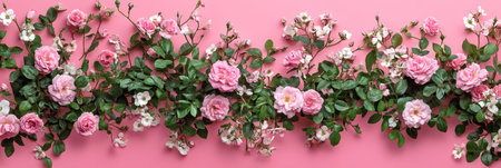 Romantic Floral Background, Beautiful Pink Roses On A Bright Pink Background With Space For Textの素材