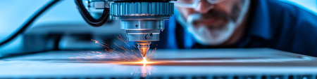 High-Tech Laser Cutting Machine in Action Sparks Fly During Metal Fabrication Processの素材