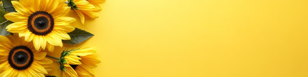 Beautiful Yellow Sunflowers Arrangement on a Bright Yellow Background with Ample Copy Spaceの素材