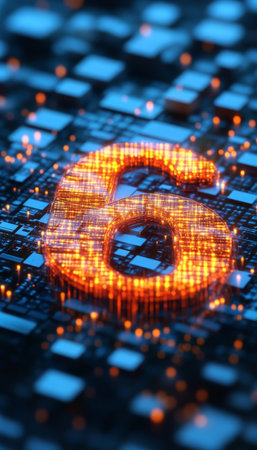 Glowing Digital Number 6 on Futuristic Circuit Board Background A Technological Conceptの素材