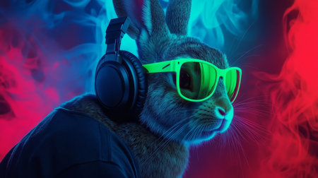 Cool Neon Party DJ Rabbit With Headphones And Sunglasses, Electronic Music And Festival Conceptの素材