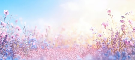 Soft Light, Pink Flowers, and Dreamy Meadow. Digital Illustration Background with Pastel Colors.の素材