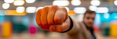 Closeup of a Blurred Man s Clenched Fist Indoors, Depicting Anger, Frustration, or Determinationの素材