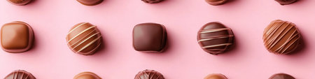 Assortment of Various Chocolate Candy on a Pink Background, Perfect for Celebrating Valentine s Dayの素材