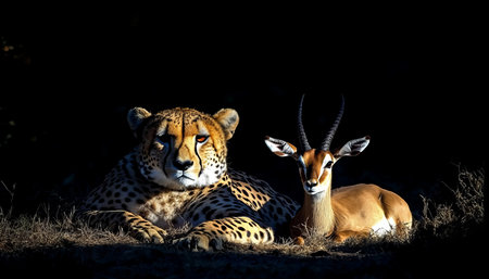 Cheetah and Impala Majestic Encounter of Predator and Prey in Golden Twilight on Dark Background.の素材