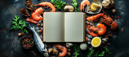Fresh Seafood With Spices And Open Recipe Book For Cooking On Dark Background. Top View.の素材