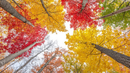 Circle of Autumn Colors A Low Angle View Looking Up at a Forest Canopy with Yellow and Red Leavesの素材