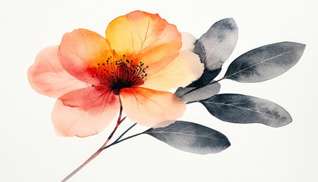 Elegant Floral Watercolor Painting, Soft Orange Flower with Grey Leaves, Botanical Illustrationの素材