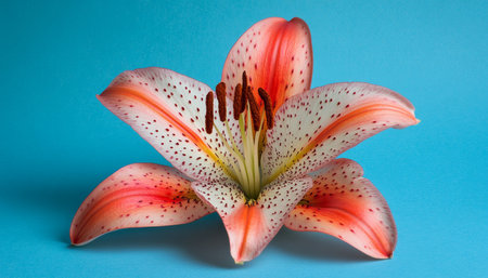 Colorful. Blooming Tiger Lily on a Blue Background with Copy Space for Your Text Placement.の素材