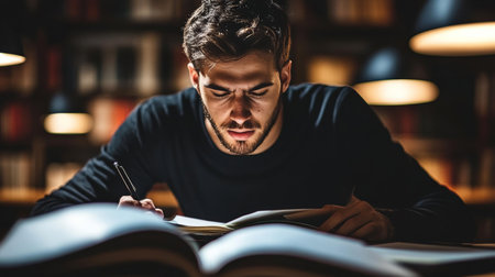 Intense Study Session Student Deep in Thought While Absorbed in Books in Dimly Lit Library at Nightの素材