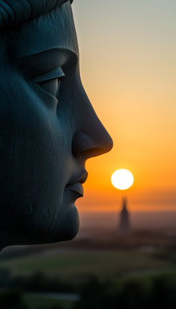 Serene Bronze Statue Profile Silhouetted Against a Majestic Golden Sunrise Over a Tranquil Landscapeの素材