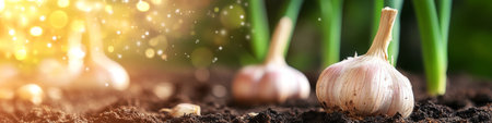 Close-Up of Fresh Garlic Bulbs Growing in Garden Soil, Organic Farming, and Gardening Concept.の素材