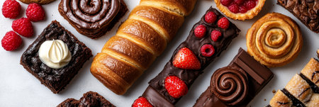Delectable Bakery Assortment Chocolate Treats, Fresh Fruit, and Sweet Pastries Spread on Whiteの素材