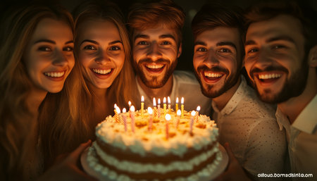 Joyful friends celebrating a birthday with cake and candles, creating lasting memories together.の素材