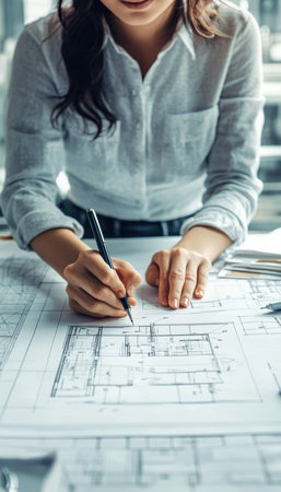Architect Hands Drafting Detailed Blueprints A Close-Up on Design and Construction Planningの素材