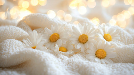 White daisies on a soft blanket with sparkling bokeh lights, creating a serene and dreamy mood.の素材