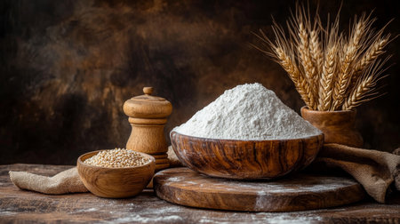 Rustic Baking Scene Flour Mound, Wheat Ears, and Grains in Bowls on Wooden Cutting Boardの素材
