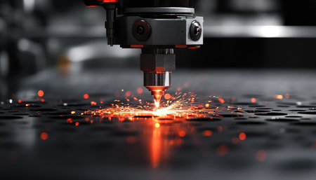 Industrial Laser Cutting Machine in Operation, Generating Sparks on Metal, Powerful Technologyの素材