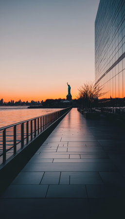 Sunrise Over Liberty Island Statue Of Liberty And Scenic Promenade At Dawn, New York skyline.の素材