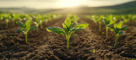 Young Lettuce Plants Growing in Rows on Farm at Sunset. Green Seedlings in Fertile Soilの素材