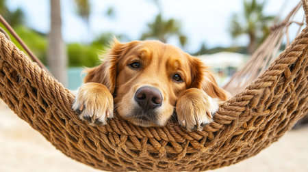 Golden Retriever Dog Relaxing on a Comfortable Hammock, Enjoying a Sunny Day in Paradiseの素材