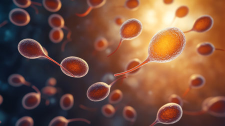 Sperm Cells Rushing To Fertilize An Egg, Reproductive Health Concept, 3D Illustration.の素材