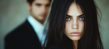 Discomfort and Unease Woman with Piercing Blue Eyes Senses Tension, Relationship Issuesの素材