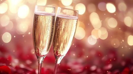 Two Champagne Glasses with Golden Bubbles Against a Sparkling Background and Scattered Rose Petalsの素材