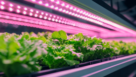 Rows of Fresh Green Lettuce. Thriving Under Pink LED Grow Lights in a Vertical Farm Setting.の素材
