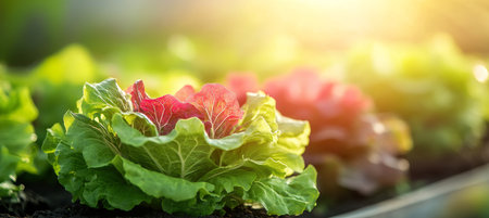 Rows of fresh, vibrant, organic lettuce growing in a sunny greenhouse, ready for harvest.の素材