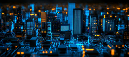 Futuristic Circuit Cityscape Glowing Nodes and Deep Blue Geometric Network, Modern Tech Backgroundの素材