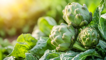 Vibrant Green Artichokes A Close-Up of Fresh Growth in the Sunny Field, Agriculture, Foodの素材