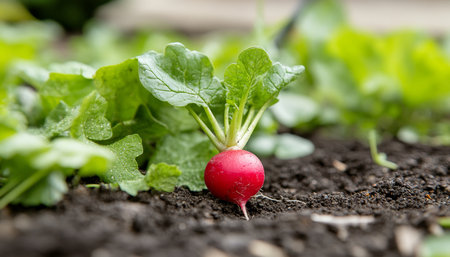 Fresh, red radish growing in a garden bed, surrounded by lush green leaves, ready for harvestの素材