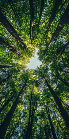 Looking Up, Mighty Redwood Trees Tower Above in a Lush Forest, Creating a Circular Canopyの素材