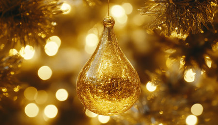 Golden Christmas bauble like a liquid drop, festive golden bokeh lights, Christmas backgroundの素材