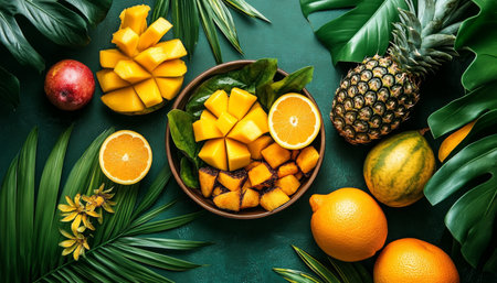Tropical Fruits Arrangement with Fresh Mango, Pineapple, Citrus Fruits with Vibrant Green Leaves.の素材