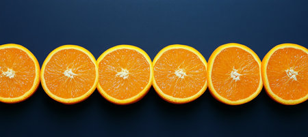 Fresh Citrus Delight Six Juicy Orange Halves Arranged in a Row on a Clean Black Backgroundの素材