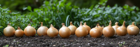 Row of Freshly Harvested Yellow Onions on Soil, Garden Background with Green Foliage, Horizontalの素材