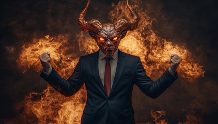 Devil in Business Suit with Horns, Embraced by Fire and Smoke, Dramatic Lighting, Intense Colorsの素材