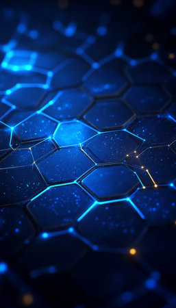 Abstract Futuristic Vivid Blue Glowing Hexagon Mesh Network System on Dark Space Backgroundの素材