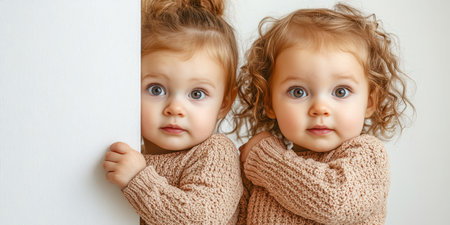 Two Curious Toddler Siblings Peeking From Behind a Wall, Studio Portrait on White Backgroundの素材