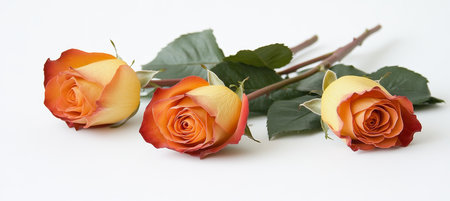 Three Peach Roses On White Background With Stems And Leaves, Isolated, Horizontal With Copy Spaceの素材