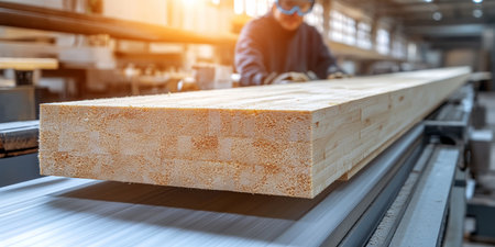 Sustainable Woodworking CNC Machine Processes Timber Beam in Naturally Lit Workshopの素材