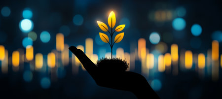 Silhouette Of A Hand Holding A Glowing Seedling Against A Stock Market Graph Backgroundの素材