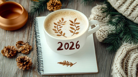 New Year Goals And Resolutions For 2026 Cozy Flat Lay With Notebook, Coffee, And Winter Decor.の素材