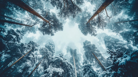 Winter Wonderland A Low Angle View of Snow Covered Trees in a Forest, Creating a Circular Frameの素材