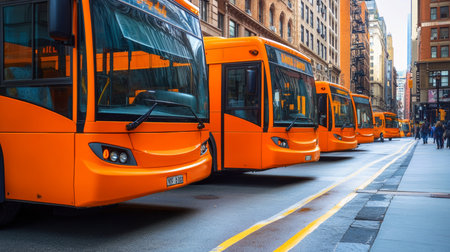 Row of Modern Orange City Buses Parked on a Busy Street with Urban Architecture Backgroundの素材